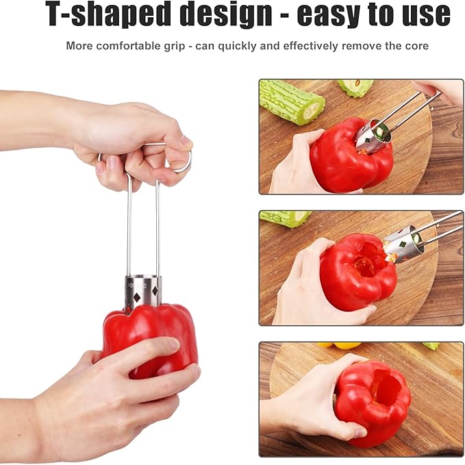 Fruit and Vegetable Corer, 2025 New Upgraded Stainless Steel Fruit Coring Remover T-Type Bell Chili Pepper Seed Deseeder Cutter Tool for Vegetables Fruit Kitchen Utensils