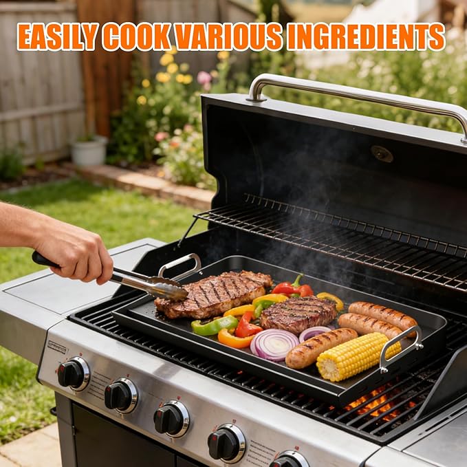 16" x 13" Cast Iron Nonstick Grill Griddle for Gas & Charcoal Grills, Flat Top BBQ Griddle Plate with Grease Groove & Removable Handle, Universal Fit for Outdoor & Home Cooking, Tailgating