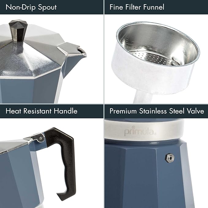 Primula Classic Stovetop Espresso and Coffee Maker, Moka Pot for Italian and Cuban Café Brewing, Greca Coffee Maker, Cafeteras, 6 Espresso Cups, Blue