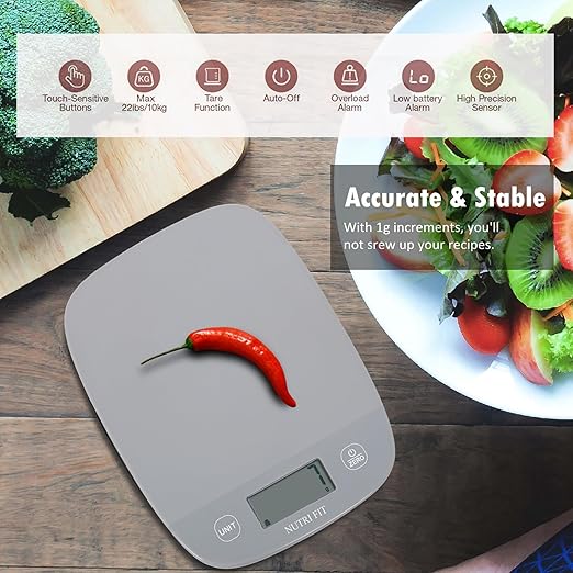 NUTRI FIT Food Scale Kitchen Scales Digital Weight Grams and Ounces for Baking Cooking, Weighing Scale Portion Control, Max 11lb 1g Increment 6 Units Smart Tare Hanging Storage, Gray