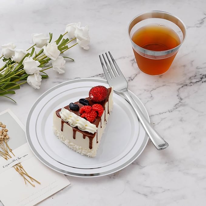 BESTVIP 600PCS Silver Dinnerware Set for 100 Guests, Plastic Plates for Party, 100 Silver Disposable Plates, 100 Dessert Plates, 100 Cups, 100 Spoons, 100 Forks and 100 Knives