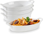 Oval Au Gratin Baking Dishes for Oven Safe and Microwave Cooking and Baking, 4 Pc. Set, Heat Resistant Ceramic with Handles for Serving, Small Mini Casserole Dish, 8" x 5", 16 oz, White