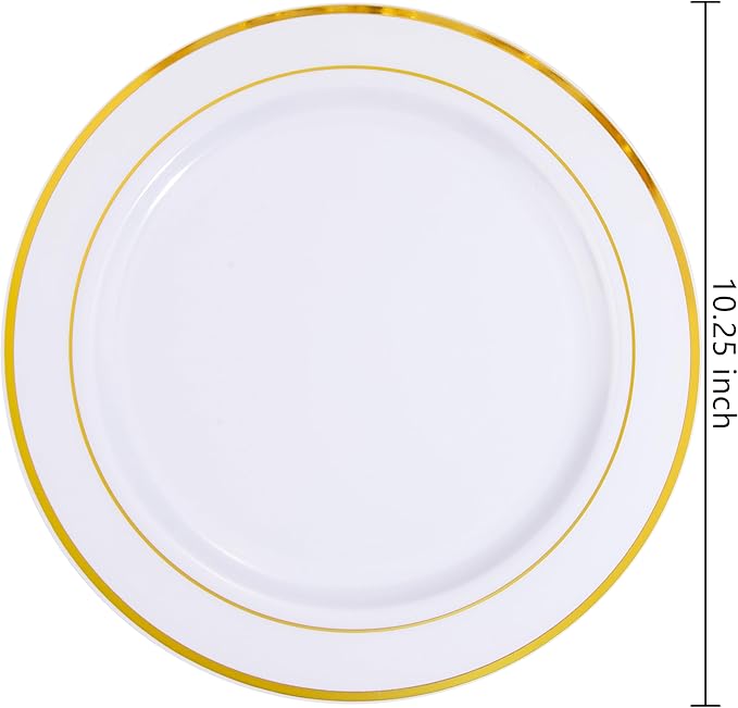 bUCLA 30PCS White and Gold Plastic Dinner Plates Disposable - 10.25inch Premium White Gold Rim Plates, Ideal for Wedding, Party & Thanksgiving