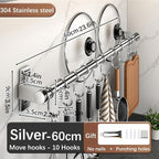 Hanging Wall Mount knife Wall Mount, Kitchen Organizer Storage Shelf for Utensils Spatula Spoon, Space-Saving Knife Rack with Hooks,Wall-Mounted Utensil Holder (Silver, 60CM+Single Pole+10Hooks)