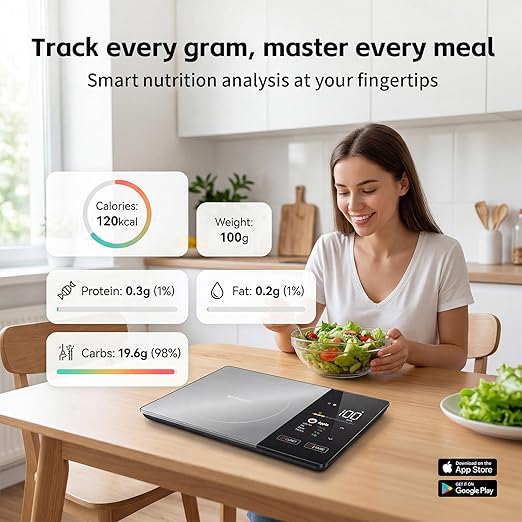 Dual Display Smart Food Scale with Nutritional Calculator, Bluetooth Calorie & Macro Tracker, 1g Precision 5kg/11lb Gram Oz, Digital Kitchen Scale for Meal Prep & Healthy Diet