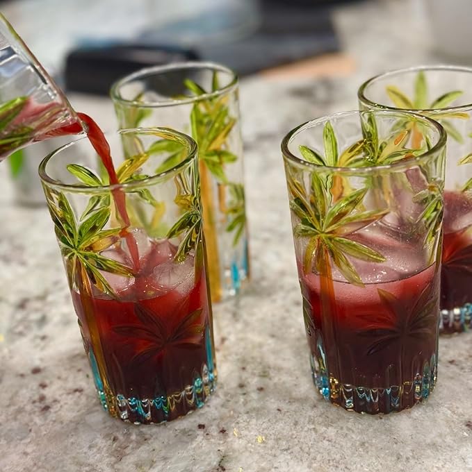Tropical Summer Drinking Glasses 4 Tall Coconut Tree Design Pool Party Caribbean Beach Theme Colorful Tiki Bar Margarita Mix Drink Mojito Martini Pool Party Cup Palm Trees Engraved Whiskey Sour Glass