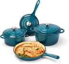 Hisencn Enameled Cast Iron Cookware Set - 7 Piece Dutch Ovens Set, Sauce Pan, Skillet, 3 Lids, Pots and Pans Set, Ceramic Coated Cast Iron, Heavy Duty, Gas/Induction Compatible, PFA Free