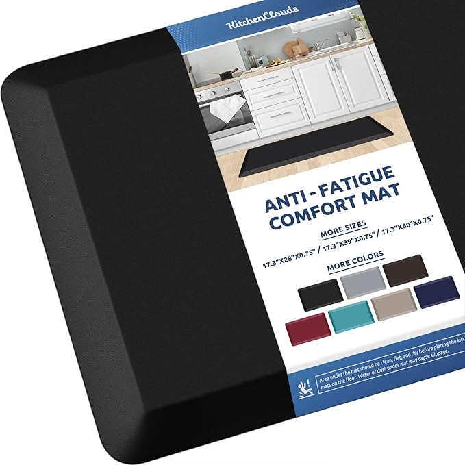 KitchenClouds Kitchen Mat Cushioned Anti Fatigue Kitchen Rug Non Slip Standing Mat Comfort Floor Mats for Sink Office (17.3"x39"- 0.8inch,Black)