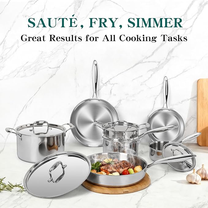 EWFEN Pots and Pans Set, 3 Ply 11 Piece Stainless Steel Cookware Set, Oven Dishwasher Safe | Induction Compatible Frying Pans, Saucepans, Saute Pan & Stock Pot, PFOA Free Kitchen Skillet