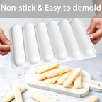Silicone Eclair Mold, 6-Cavity Hot Dog Bun Pan, Finger Biscuit Baking Tray for Chocolate Cracker Bar, White, Set of 2