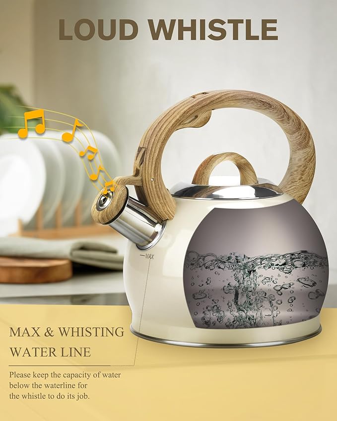 Hauce Radio Teapot for Stovetop, 2.1 Quart Stove Top Whistling Tea Kettle, Teapot Kettles with Food Grade Stainless Steel and Wood Pattern Folding Handle, Suitable for All Heat Sources