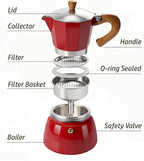 AGOGO Milano Moka Pot Stovetop Espresso Maker with 100 Paper Filters for Sediment-Free Coffee, Classic Italian Greca with Wood-Grain Handle,Cleaning Brush & Towel 6 Cup (10oz / 300ml) Red