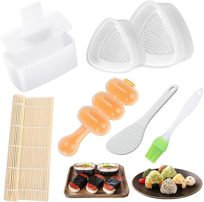 7 Pcs Onigiri Rice Ball Mold Maker Kit, Musubi Press, Classic Triangle Shake Sushi Roller Mat Tool for Kids Bento Lunch and Home DIY, Non-stick, BPA-Free