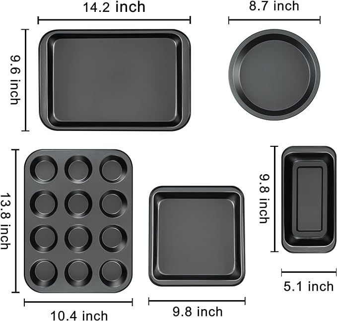 mobzio Kitchen 5-Piece Nonstick Bakeware Set - Round/Square Cake Pans, Muffin Pan, Loaf Pan, Roast Pan & Baking Sheets
