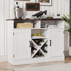 MHOM Farmhouse Coffee Bar Cabinet with Prower Outlets, Rustic Liquor Cabinet with Wine Rack, Wooden Wine Cabinet for Dining Room & Living Room, White