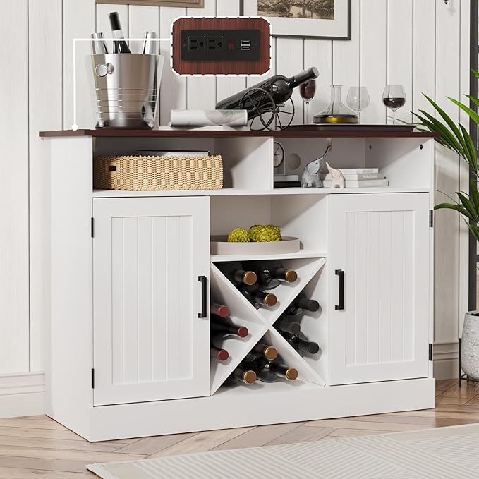 MHOM Farmhouse Coffee Bar Cabinet with Prower Outlets, Rustic Liquor Cabinet with Wine Rack, Wooden Wine Cabinet for Dining Room & Living Room, White