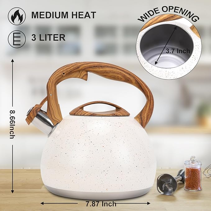 Tea Kettle, Vegoran 100 OZ / 3 Liter Whistling Tea Kettle, Tea Pots for Stove Top Food Grade Stainless Steel with Wood Pattern Folding Handle, Loud Whistle Kettle for Tea, Coffee, Milk (B-White)