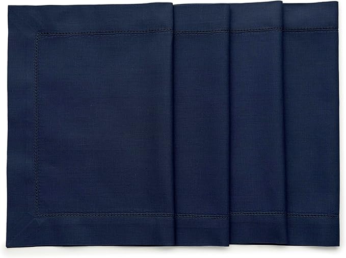 Solino Home Navy Blue Placemats Set of 4 - Cotton Linen Hemstitch Placemats 14 x 19 Inch for Winter, New Year