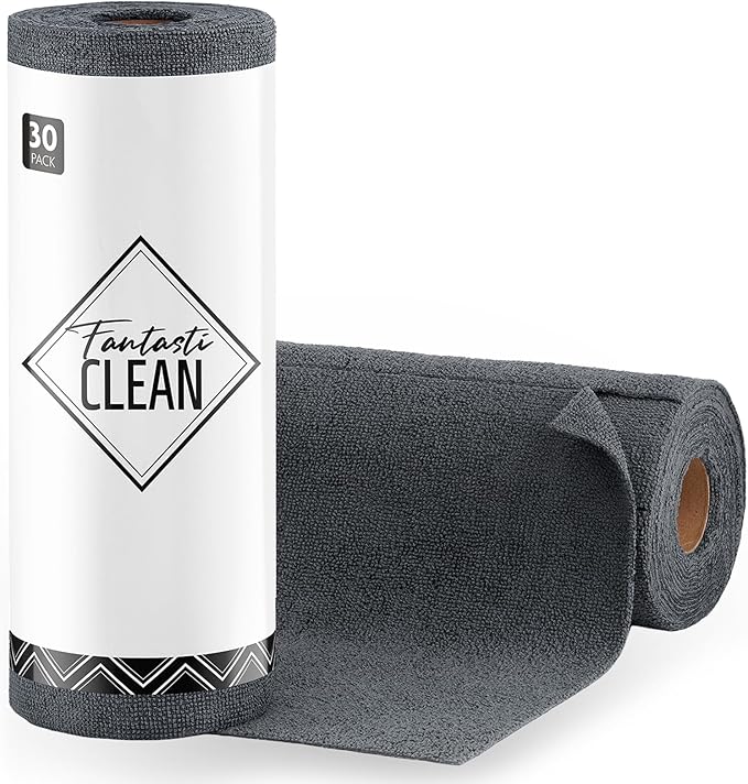 Fantasticlean Microfiber Cleaning Cloth Roll -30 Pack, Tear Away Microfiber Towels, 12" x 12", Reusable, Washable, Scratch Free, Ultra Absorbent for Car, Home Supplies (DimGray)