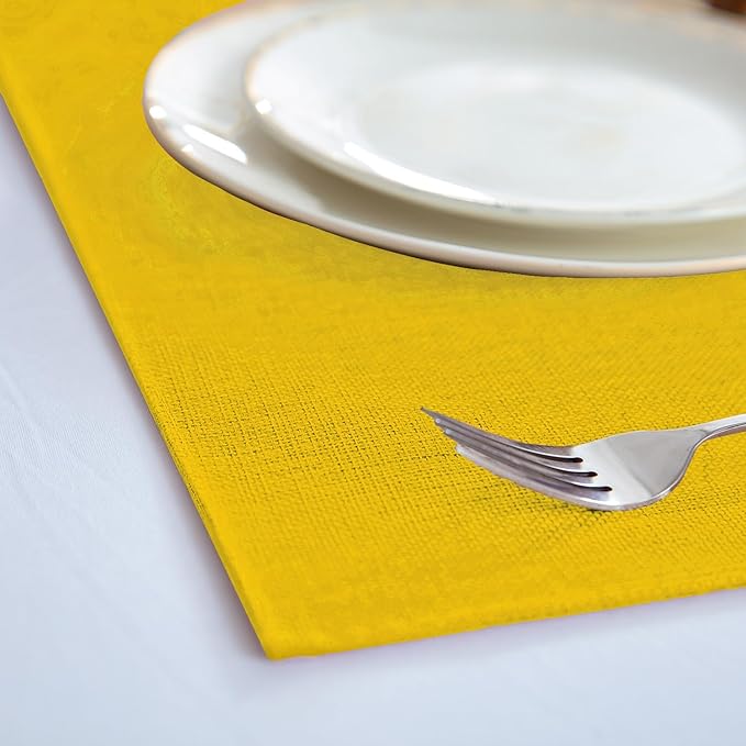 Linen Fabric Placemats Set of 6, Machine Washable, Heat Resistant, Wrinkle Free, Thick Polyester Kitchen Place Mats for Dining Table (Yellow)
