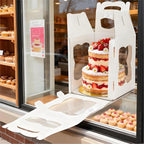6 Pieces Tall Cake Boxes for Tier Cakes, 10''W x 10''L x 12''H Paper Bakery Carrier with Cake Board Window Handle, Disposable Large Layer Cake Safe Transport Box for Birthday, Wedding, Party