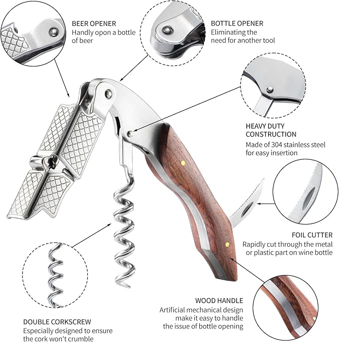3-Pack Professional Waiter Corkscrew Wine Key with Leather Protection Gift Bag, Long Rosewood Handle Stainless Steel Handle Wine Opener for Bar Restaurant Waiters, Sommelier, Bartend, Rosewood Hand
