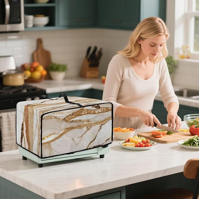 Marble Print Toaster Oven Cover, Heavy-Duty Dust Shield Kitchen Decorative Countertop Oven Protector, Microwave Air Fryer Cover, Light Gold White, (Large-18.5*22.5*12.99 inches)