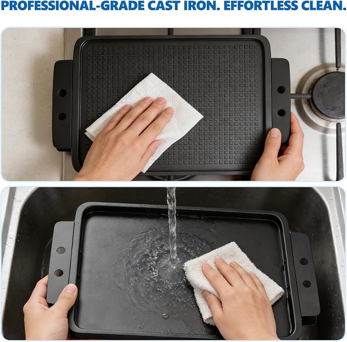 SafBbcue Upgraded 2-IN-1 Reversible Cast Iron Griddle, 17.5 x 10.8 Inch Griddle Pan with Silicone Cooling Handle, Griddle for Gas Stove, Electric, Flat Top, Portable for Stovetop or Outdoor Camping