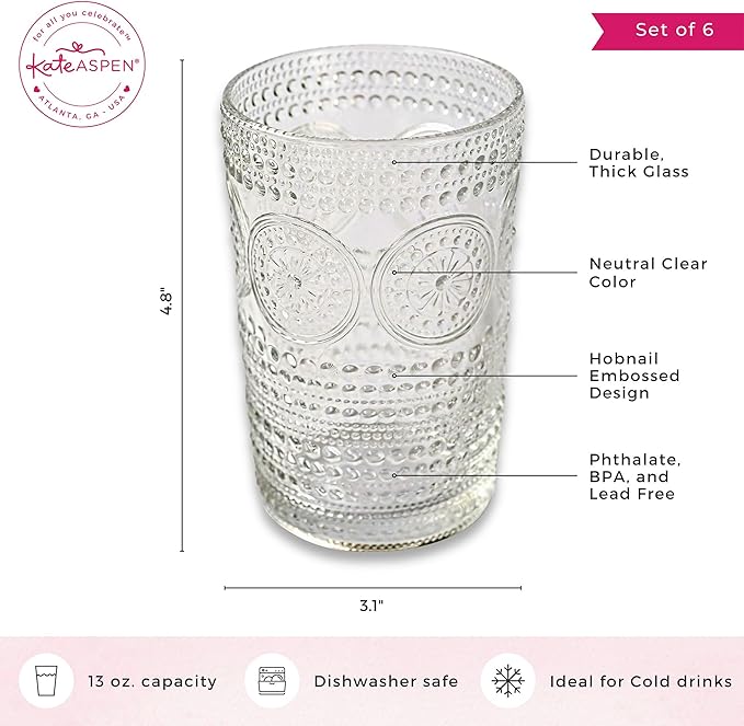 Hobnail Beaded Floral Clear Drinking Glasses Set of 6, (13 oz) Vintage Glassware Set by Kate Aspen| Cocktail Glass Set, Juice Glass, Water Cups | Great Hostess Gift & Gift for New Home Owners