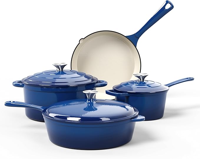 Kitchen Academy 7Pcs Enameled Cast Iron Cookware Sets - Non Toxic Pots and Pans Set, Blue Induction Dutch Oven Set, PFOA&PFAS Free