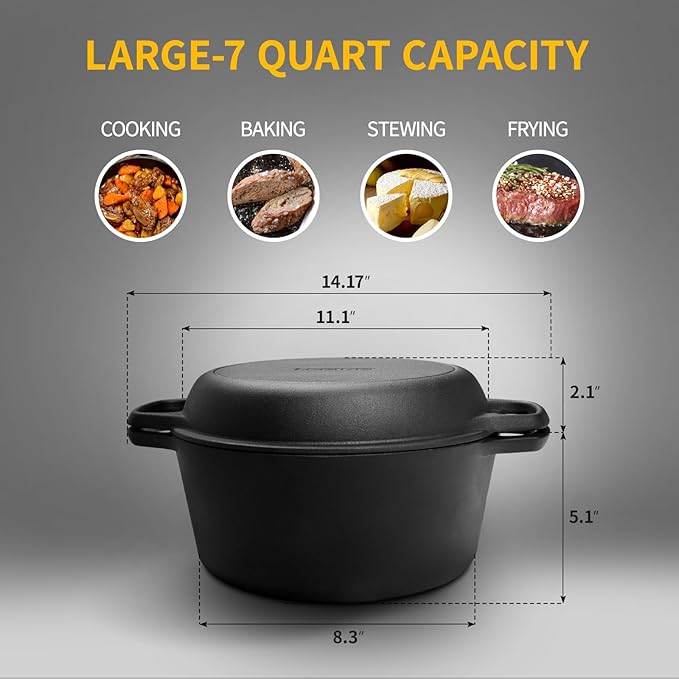 EDGING CASTING 2-in-1 Pre-Seasoned Cast Iron Dutch Oven Pot with Skillet Lid Cooking Pan, Cast Iron Skillet Cookware Pan Set with Dual Handles Indoor Outdoor for Bread, Frying, Baking, Camping, 7QT