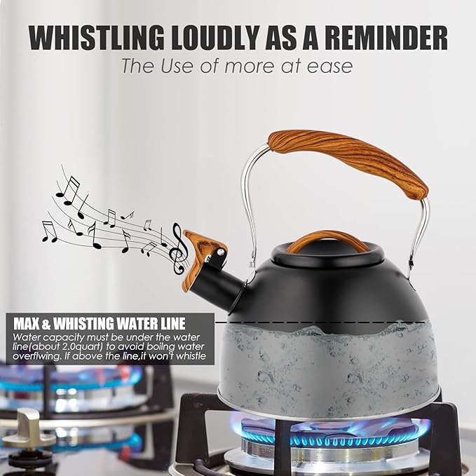 Tea Kettle -3.0 Quart Whistling Tea Kettle for Stove Top Stainless Steel Tea Pot Stovetop Food Grade Water Kettle with Wood Pattern Handle for Coffee/Tea/Milk Kettle Pot -Black