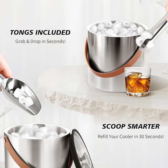Bakpoco Insulated Ice Bucket with Lid, Scoop, Ice Tongs & Detachable Double-Sided PU Cover– 3L Double-Wall Stainless Steel Ice Buckets for Parties, Cocktail Ba, Champagne & Bar Cart Accessories