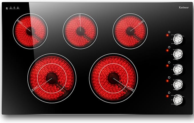 Karinear 36" Electric Cooktop 5 Burners, Knob Control Electric Stove Top, 9 Power Levels, Residual Heat Indicator, 8400W, 40A, 240V Hardwire(Sliver)