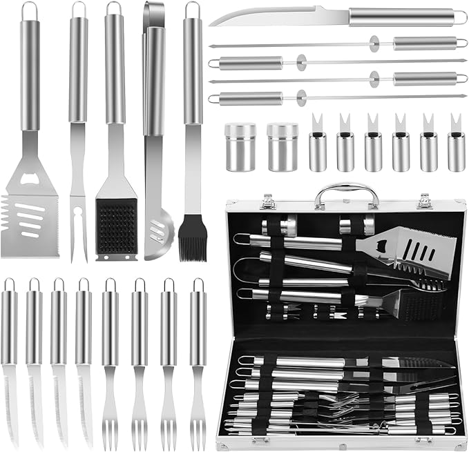 26-Piece BBQ Grill Accessories Set | Ultimate Grilling Tools for Men - Heavy Duty Stainless Steel BBQ Utensils Kit with Aluminum Case & Grill Brush for Dad (Stainless)