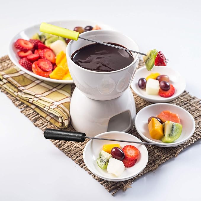 Mudder Fondue Mug Ceramic Pot and 8 Pieces Forks for Melting Chocolate, Cheese, Broth Or Tapas On Valentine‘s Day(Red and White)