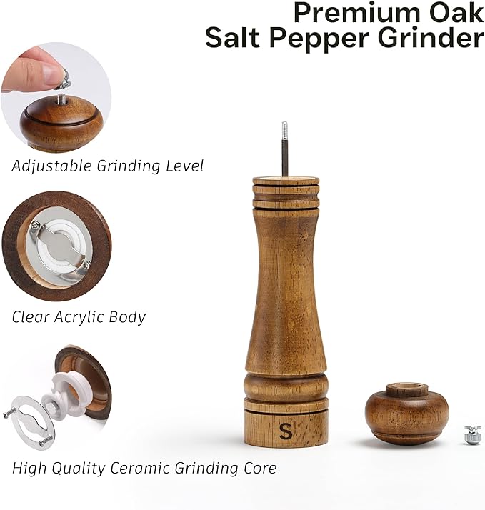 Wooden Salt and Pepper Grinder Set, Premium Oak Wood Salt Grinders Shakers, Pepper Mill with S and P Engraving, Adjustable Ceramic Grinder – 8 inches, 2 Pack