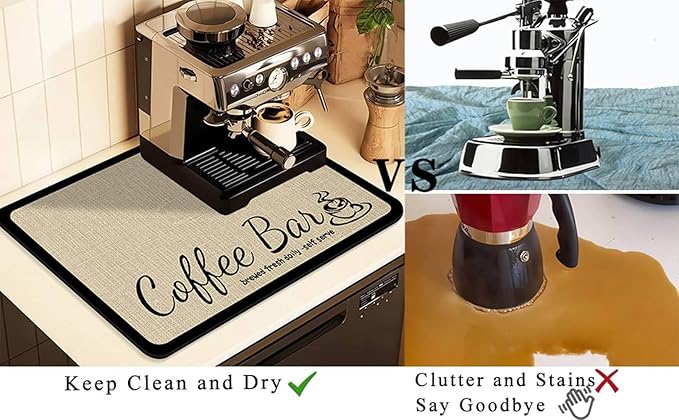 Coffee Mat for Countertops ,Coffee Bar Accessories Fit Under Coffee Maker Espresso Machine, Absorbent Hide Stain Rubber Mat for Countertop ,Dish Drying Mat for Kitchen Counter (D-Beige, 16"x24")