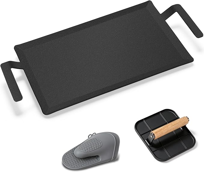 Premium Carbon Steel Griddle Comes with Grill Press, Large Non-Toxic Stovetop Flat Top Pan for Gas, Electric Range, Induction, Grill & Campfire, Pre-seasoned Nitride Coating, Oven Safe to 1200°F