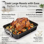 Moss & Stone 16.5” Roasting Pan with Rack – Heavy Duty Nonstick Carbon Steel Turkey Roaster, Large Rectangular Oven Pan with V-Rack, Bonus Carving Fork & Chef Knife