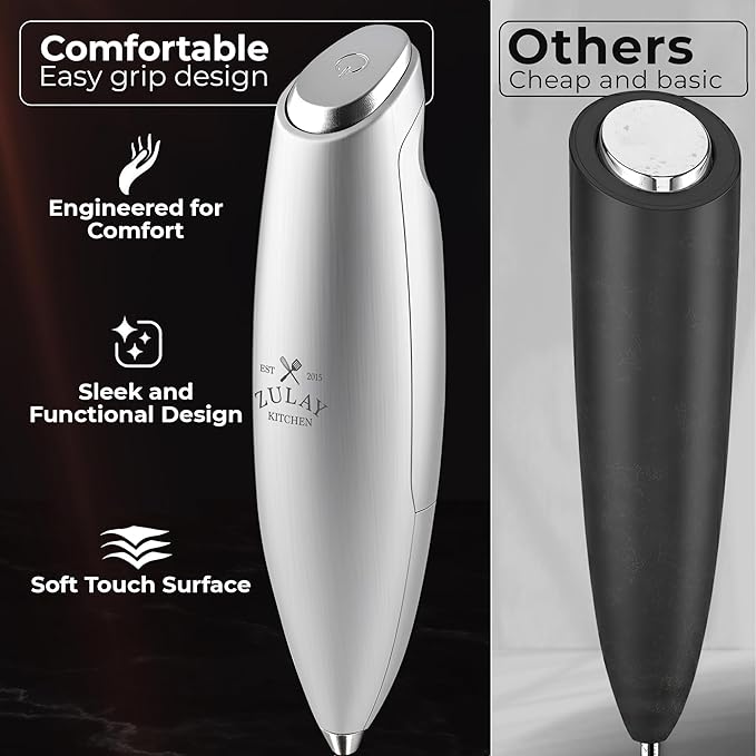 Zulay Kitchen Patented Tornado Triple Whisk Milk Frother with 4 Duracell Batteries – Handheld Foam Maker for Coffee, Lattes, Matcha & Hot Chocolate – Rich, Creamy Froth in Seconds - Bright Silver