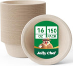 JOLLY CHEF Compostable Disposable Paper Bowl [16 oz] Heavy Duty Soup Containers [150 Pack] Biodegradable Bagasse Hot Cold Eco-Friendly Natural Sugarcane Microwavable Bowls for Dinner Christmas