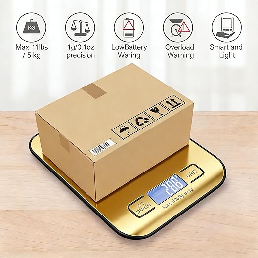 Digital Shipping Scale,Stainless Steel Panel, Accurate Portable Postal Scale for Packages, Small Business,Kitchen, Food, Handmade, Liquids, and Boutique (Mirror Gold Battery(5kg/1g))
