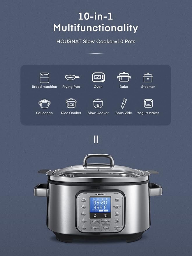 HOUSNAT Slow Cooker, 10 in 1 Programmable Cooker, 304 Stainless Steel Rice Cookers 6QT, Yogurt Maker, Delay Start, Adjustable Temp& Digital Time for Large Families or Entertaining