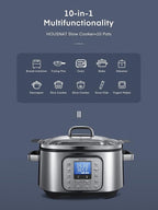 HOUSNAT Slow Cooker, 10 in 1 Programmable Cooker, 304 Stainless Steel Rice Cookers 6QT, Yogurt Maker, Delay Start, Adjustable Temp& Digital Time for Large Families or Entertaining