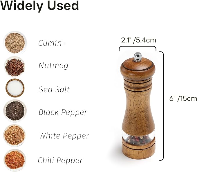Wood Salt and Pepper Grinder, Salt Grinder and Pepper Mill, Oak Wood Shakers with Adjustable Ceramic Grinders - 6 inches, 1 Pack
