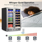 24 Inch Dual Zone Wine and Beverage Refrigerator, Built-in or Freestanding Cooler with French Doors, Under Counter Drink Fridge with Upgraded Compressor for Beer, Wine, and Soda