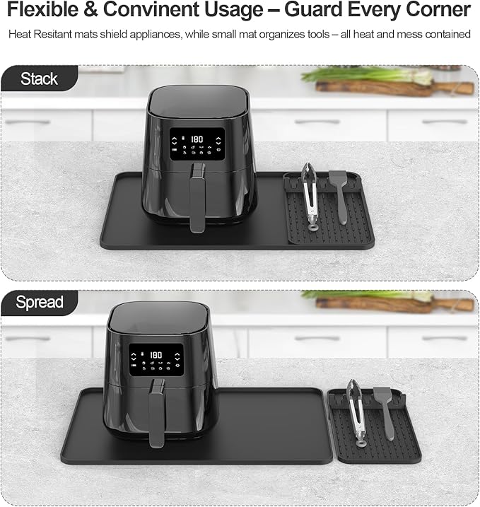 Silicone Heat Resistant Mats for Countertop,24x16 Inch Air Fryer Mat with Kitchen Accessories Holder Pad for Microwave/Oven,Compatible with Ninja/Cosori/Chefman/Toshiba,Kitchen Countertop Protector