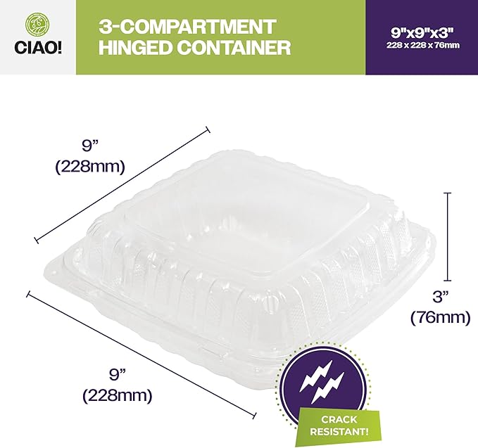 CIAO! 9"x9"x3" 3 Compartment PP Plastic Clear Hinged Container for Take Out (Case of 150)