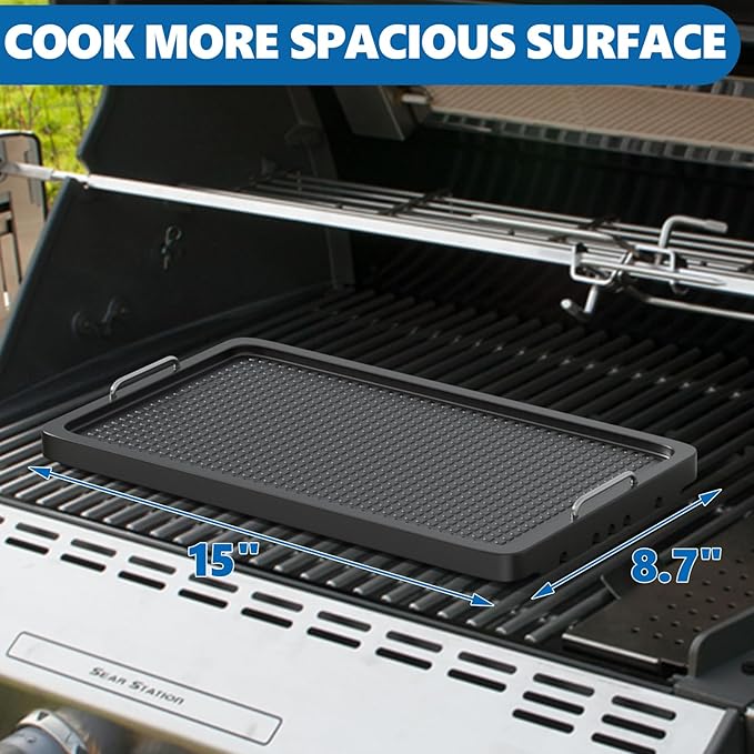 SafBbcue Upgraded Cast Iron Griddle, 15 x 8.7 Inch Griddle Pan with Silicone Cooling Handle, Griddle for Gas Stove, Electric, Flat Top, Portable for Indoor Stovetop or Outdoor Camping BBQ, Black